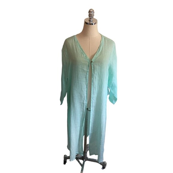 Color Me Cotton CMC Duster Women's Size Medium Seafoam Green Linen 3/4 Sleeve - Picture 1 of 8